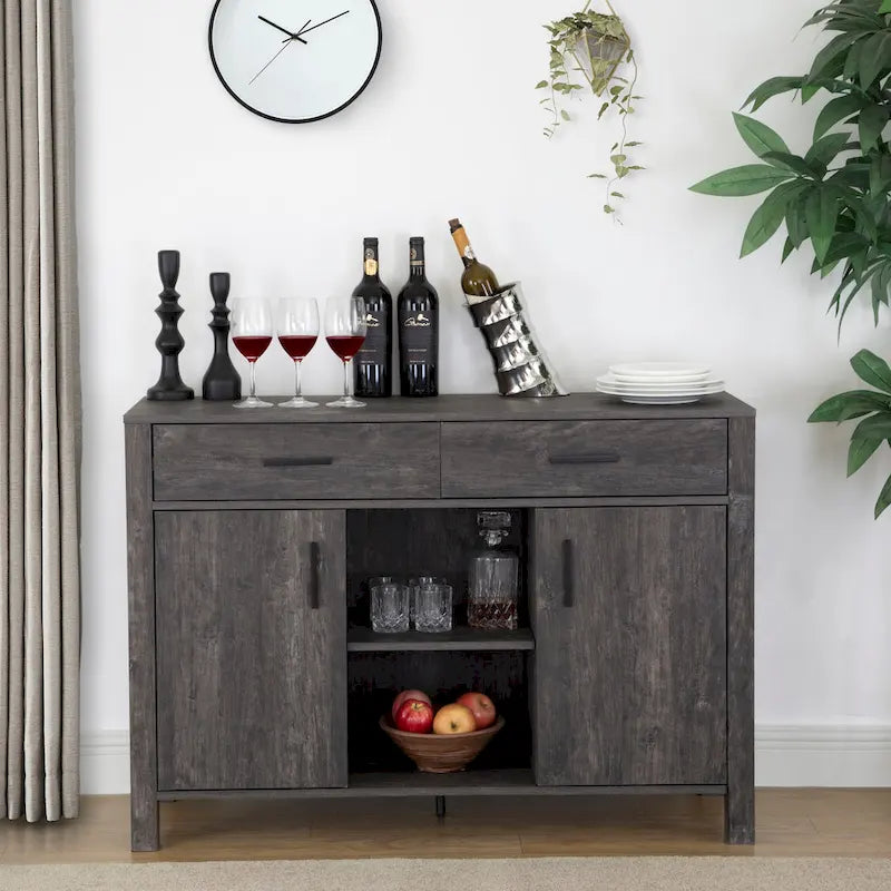 Bahut Q-Max 47W, Meuble de rangement de salle à manger, Buffet avec deux placards, deux tiroirs, deux étagères ouvertes