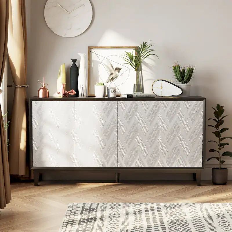 COZAYH Meuble Moderne à 4 Portes avec Motif Courbé 3D et Fermeture par Pression, Meuble TV, Buffet