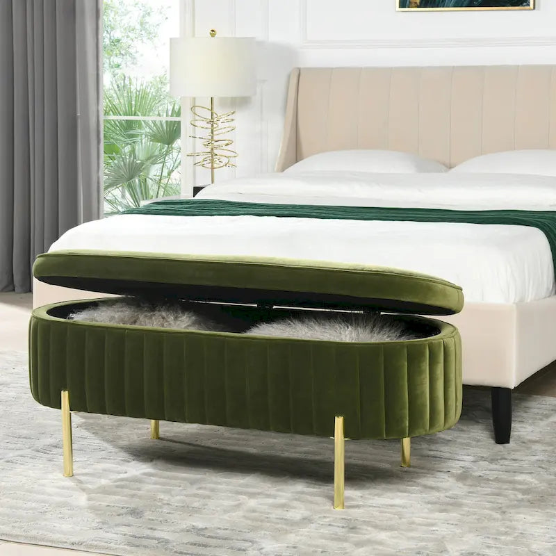 Banc de rangement capitonné ovale en velours Chloe Modern Glam Performance