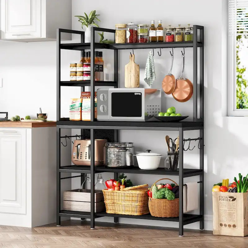 Étagère de cuisine 43 pouces avec support micro-ondes, étagère de rangement utilitaire de cuisine 5 niveaux et 10 crochets pour cuisine et salon