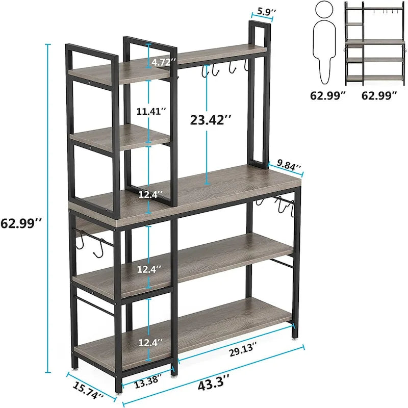 Étagère de cuisine 43 pouces avec support micro-ondes, étagère de rangement utilitaire de cuisine 5 niveaux et 10 crochets pour cuisine et salon