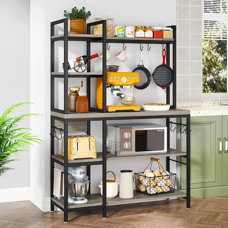 Étagère de cuisine 43 pouces avec support micro-ondes, étagère de rangement utilitaire de cuisine 5 niveaux et 10 crochets pour cuisine et salon