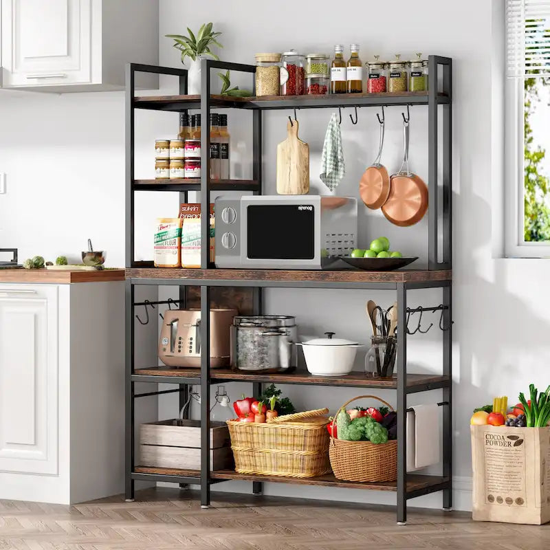 Étagère de cuisine 43 pouces avec support micro-ondes, étagère de rangement utilitaire de cuisine 5 niveaux et 10 crochets pour cuisine et salon