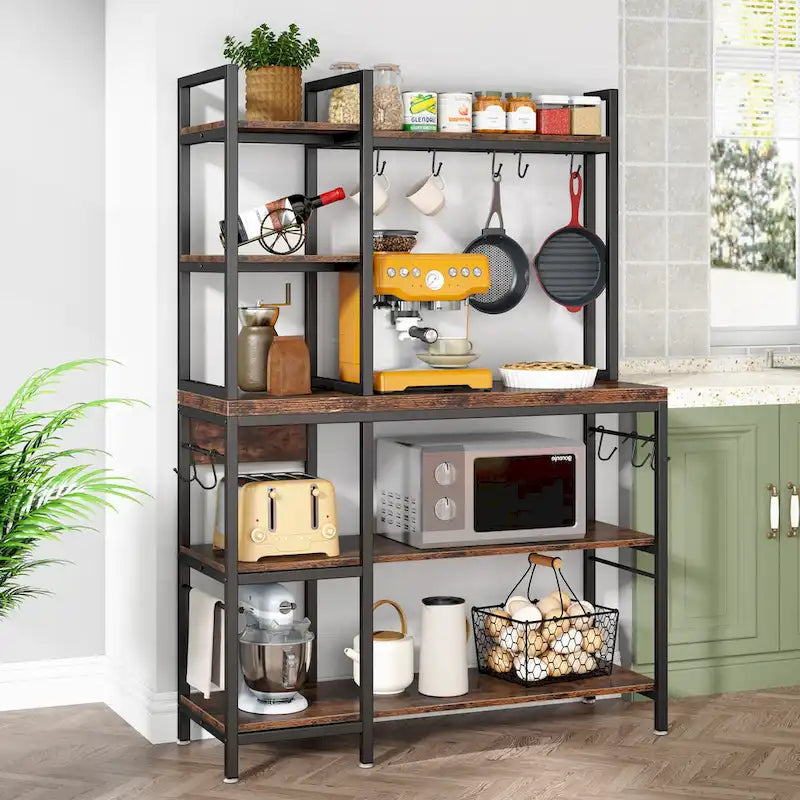 Étagère de cuisine 43 pouces avec support micro-ondes, étagère de rangement utilitaire de cuisine 5 niveaux et 10 crochets pour cuisine et salon