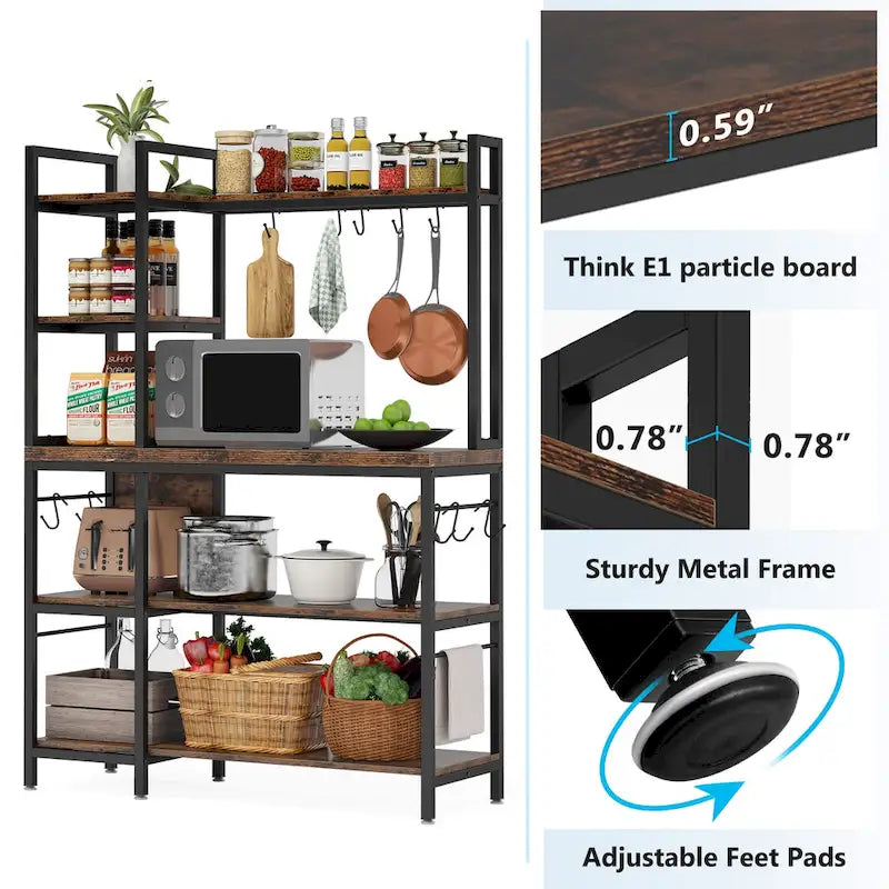 Étagère de cuisine 43 pouces avec support micro-ondes, étagère de rangement utilitaire de cuisine 5 niveaux et 10 crochets pour cuisine et salon