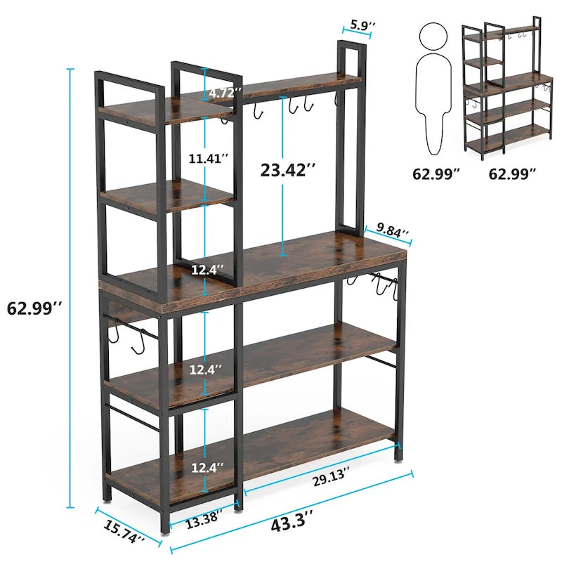 Étagère de cuisine 43 pouces avec support micro-ondes, étagère de rangement utilitaire de cuisine 5 niveaux et 10 crochets pour cuisine et salon