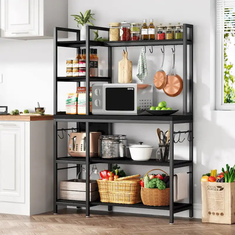Étagère de cuisine 43 pouces avec support micro-ondes, étagère de rangement utilitaire de cuisine 5 niveaux et 10 crochets pour cuisine et salon