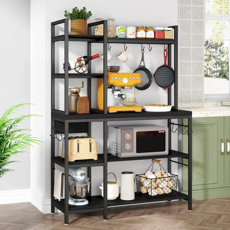 Étagère de cuisine 43 pouces avec support micro-ondes, étagère de rangement utilitaire de cuisine 5 niveaux et 10 crochets pour cuisine et salon