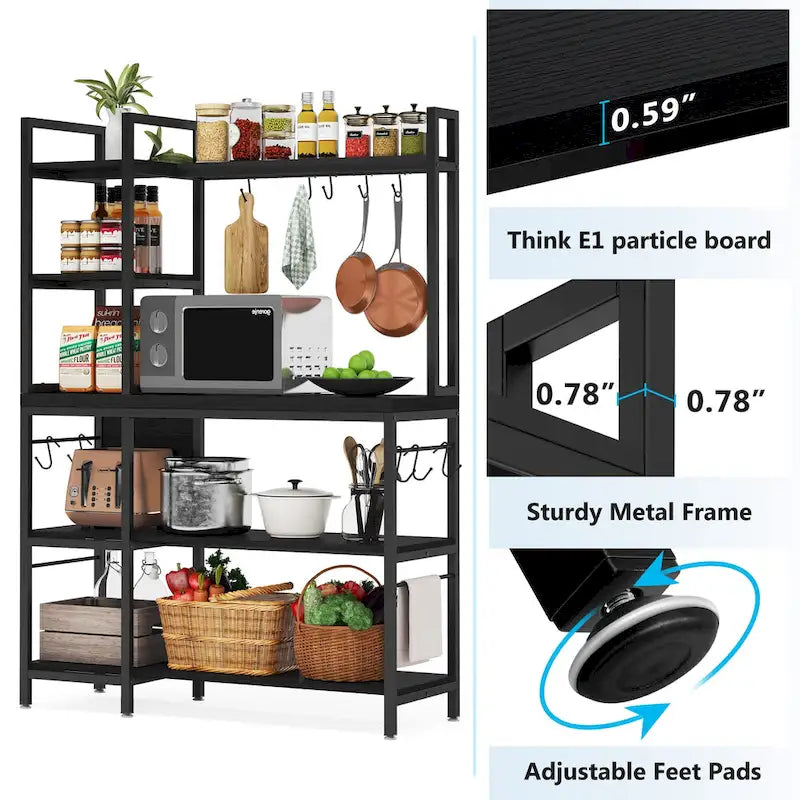 Étagère de cuisine 43 pouces avec support micro-ondes, étagère de rangement utilitaire de cuisine 5 niveaux et 10 crochets pour cuisine et salon