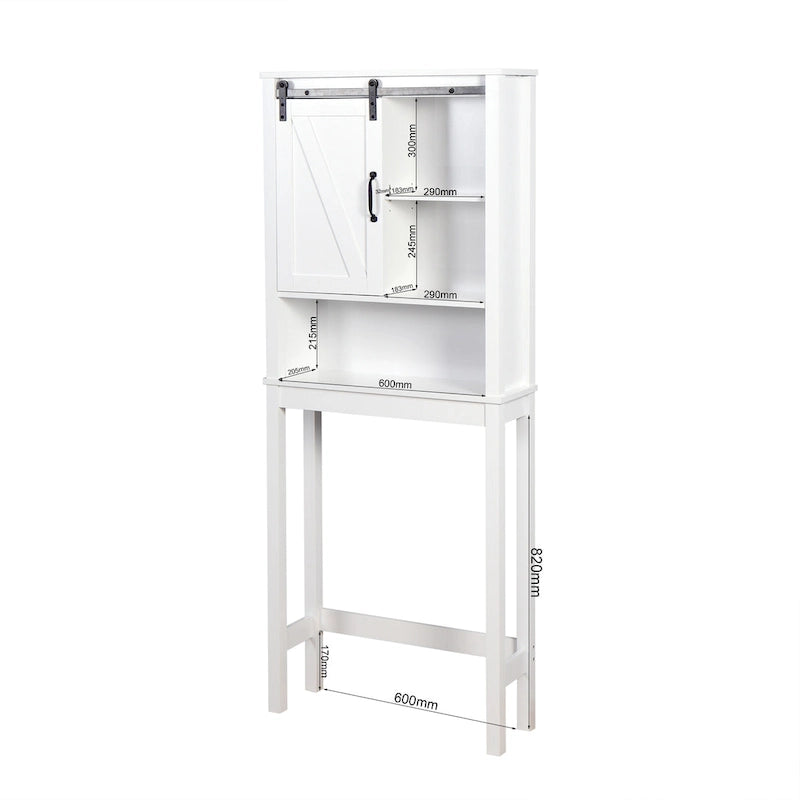 Meuble de rangement pour toilettes avec étagères réglables et porte coulissante type « porte de grange »