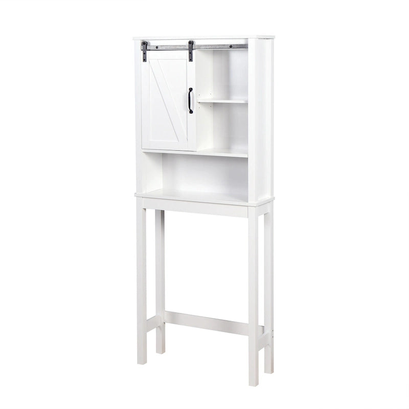 Meuble de rangement pour toilettes avec étagères réglables et porte coulissante type « porte de grange »