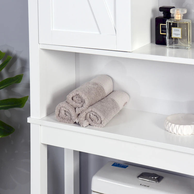Meuble de rangement pour toilettes avec étagères réglables et porte coulissante type « porte de grange »