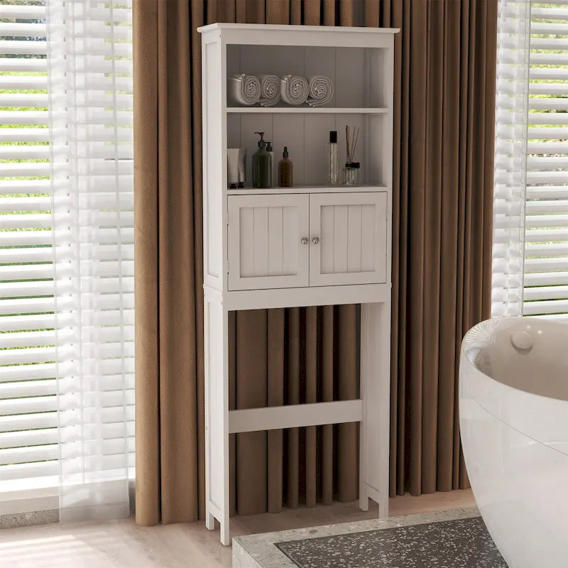 Étagère de Rangement pour WC et Salle de Bain 2 Niveaux en Bois Blanc