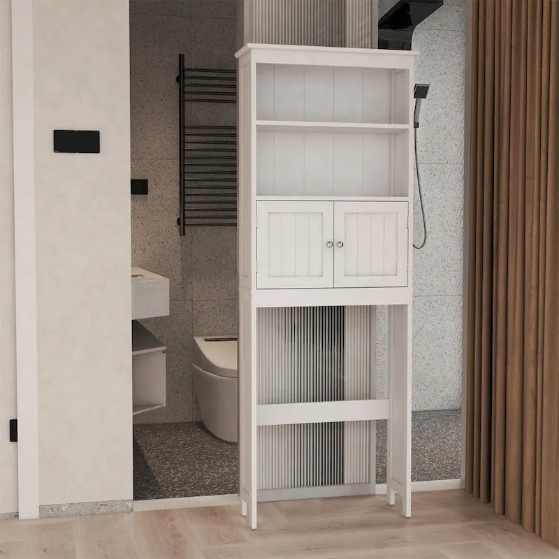 Étagère de Rangement pour WC et Salle de Bain 2 Niveaux en Bois Blanc