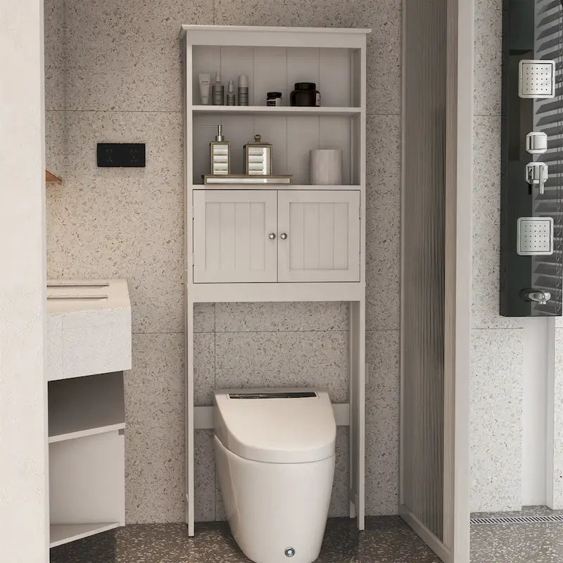 Étagère de Rangement pour WC et Salle de Bain 2 Niveaux en Bois Blanc