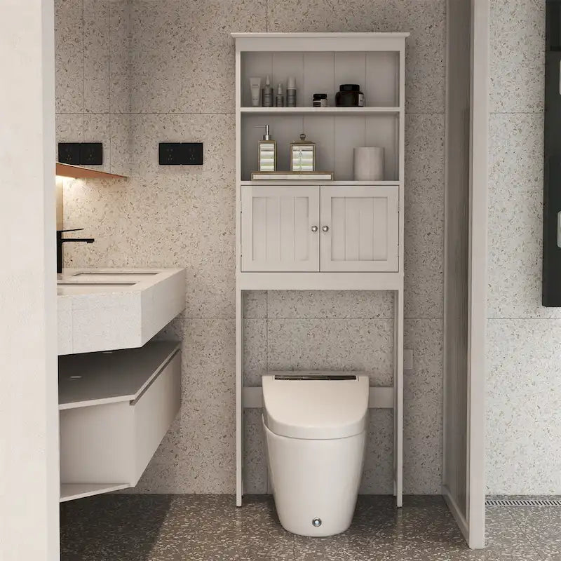 Étagère de Rangement pour WC et Salle de Bain 2 Niveaux en Bois Blanc