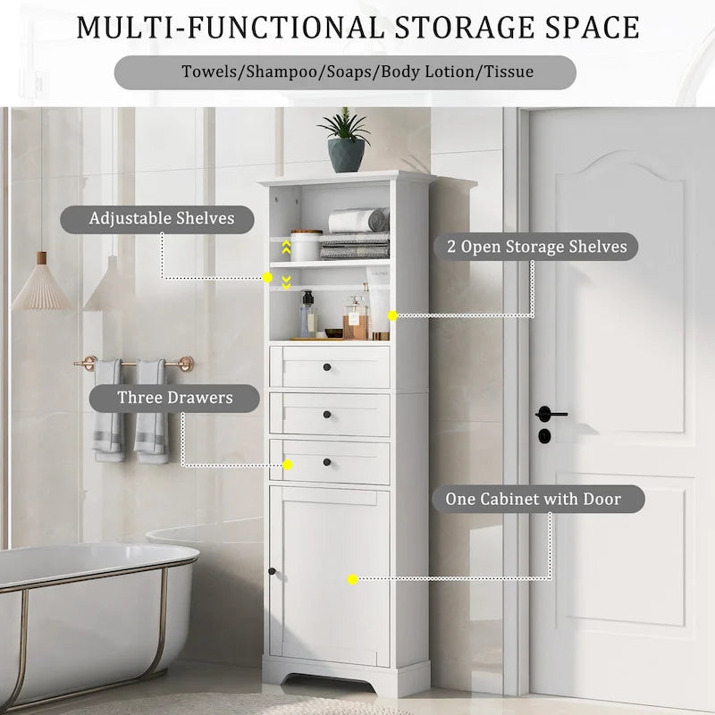 Meuble de rangement blanc moderne avec 3 tiroirs et étagères réglables pour salle de bain, cuisine et salon