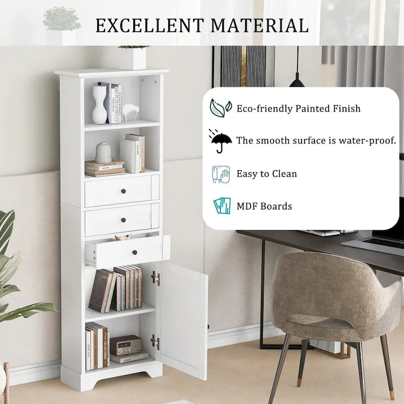 Meuble de rangement blanc moderne avec 3 tiroirs et étagères réglables pour salle de bain, cuisine et salon
