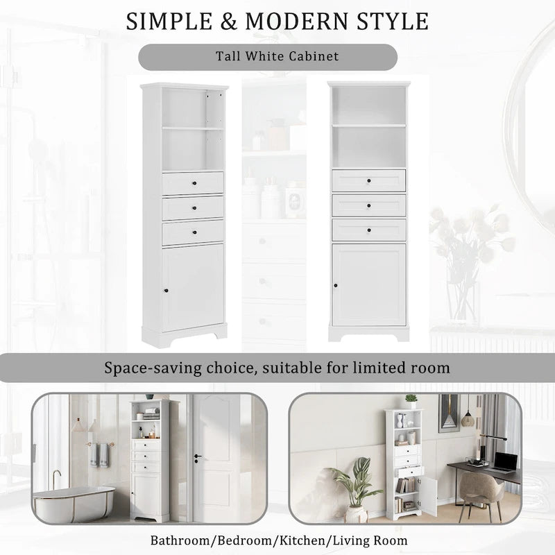 Meuble de rangement blanc moderne avec 3 tiroirs et étagères réglables pour salle de bain, cuisine et salon