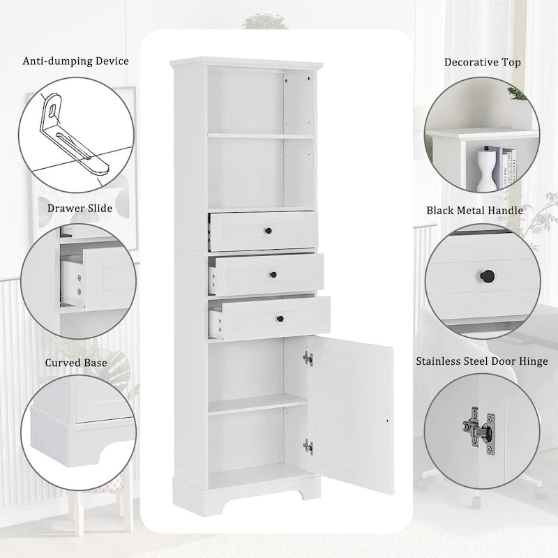 Meuble de rangement blanc moderne avec 3 tiroirs et étagères réglables pour salle de bain, cuisine et salon