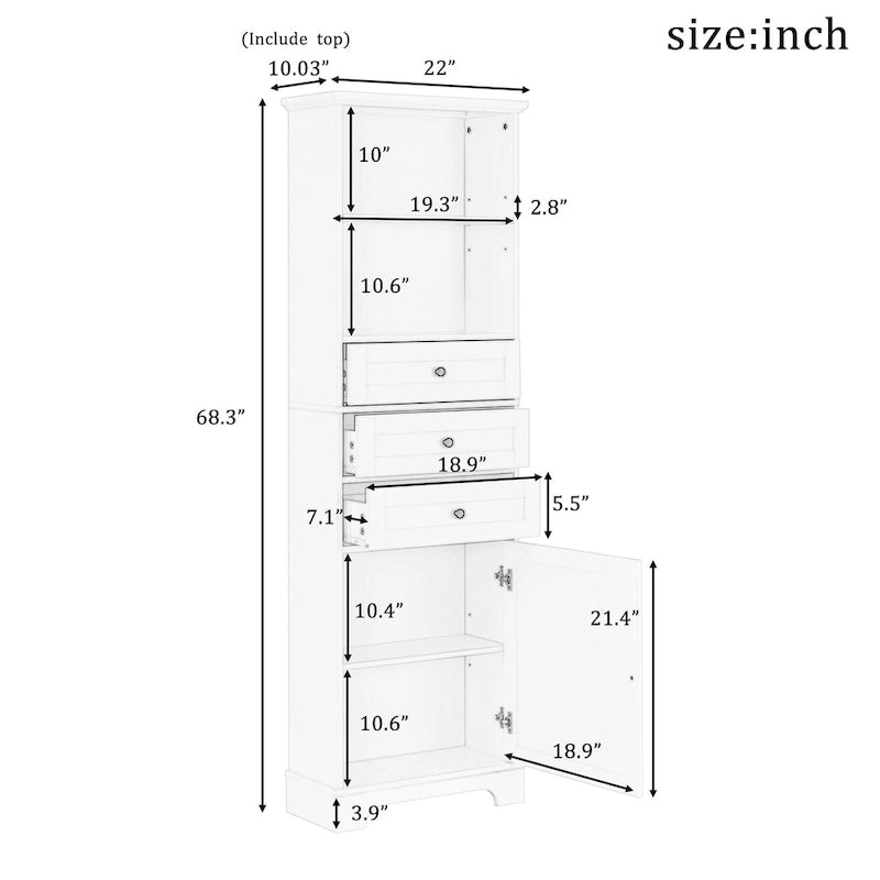 Meuble de rangement blanc moderne avec 3 tiroirs et étagères réglables pour salle de bain, cuisine et salon