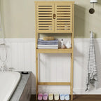 Étagère de Rangement pour Toilettes en Bambou avec Étagère Ouverte et Placard