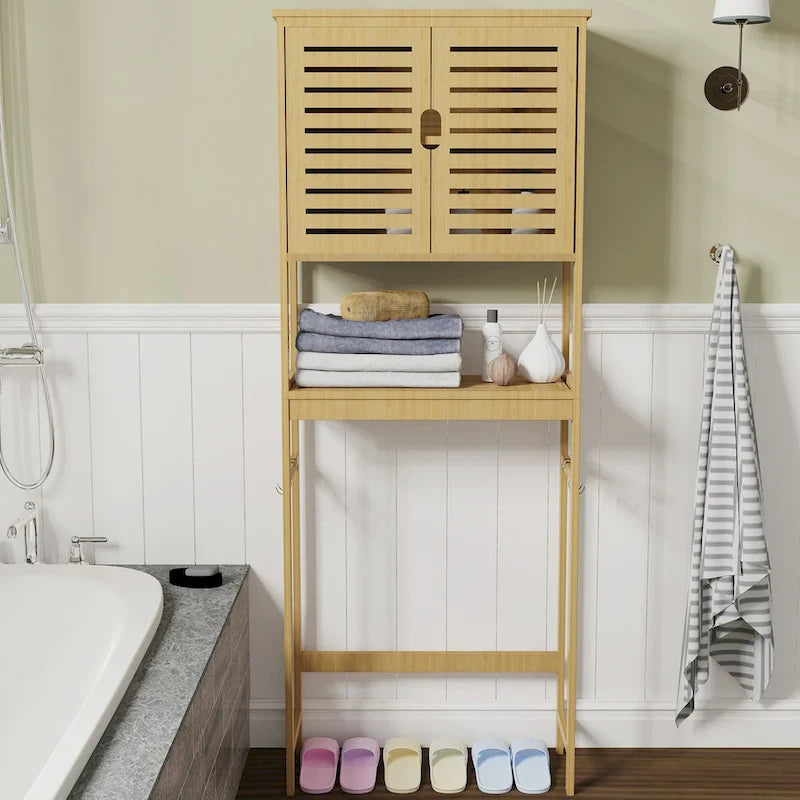 Étagère de Rangement pour Toilettes en Bambou avec Étagère Ouverte et Placard