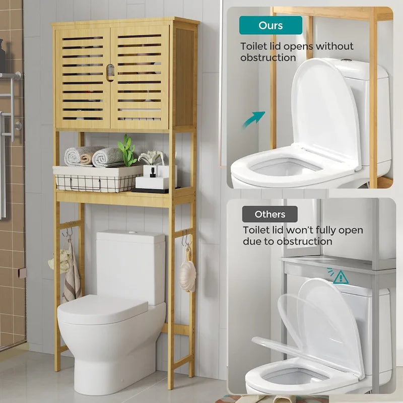 Étagère de Rangement pour Toilettes en Bambou avec Étagère Ouverte et Placard