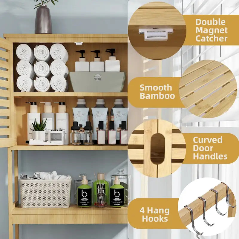 Étagère de Rangement pour Toilettes en Bambou avec Étagère Ouverte et Placard