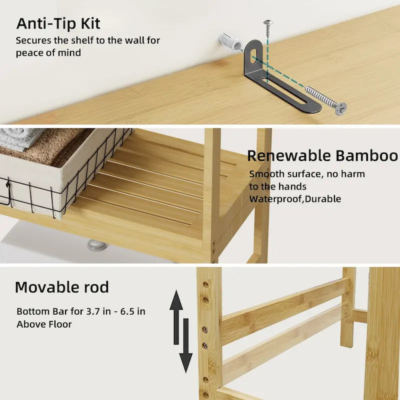 Étagère de Rangement pour Toilettes en Bambou avec Étagère Ouverte et Placard