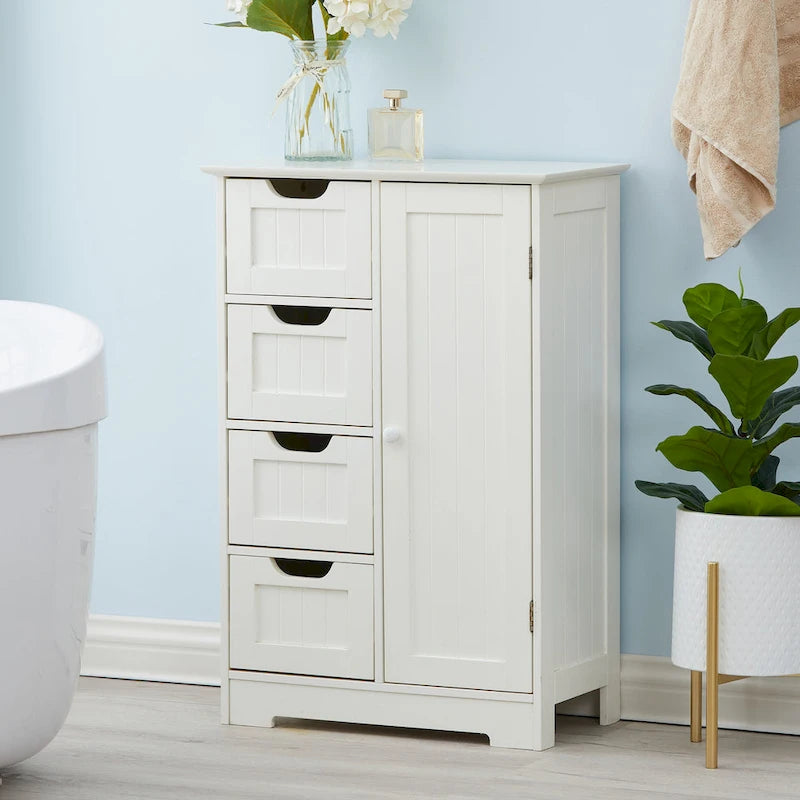 White Wood 4-Drawer 1-Door Bathroom Storage Cabinet - 32.68 H x 22.05 W x 11.81 D