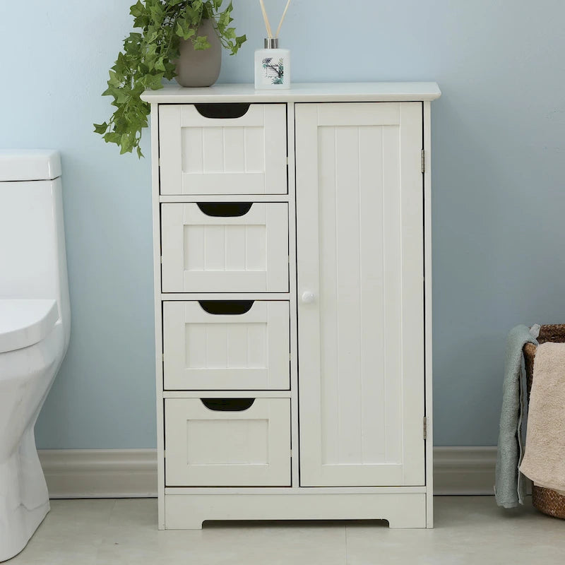 Meuble de rangement de salle de bain en bois blanc à 4 tiroirs et 1 porte - 83 cm H x 56 cm L x 30 cm P