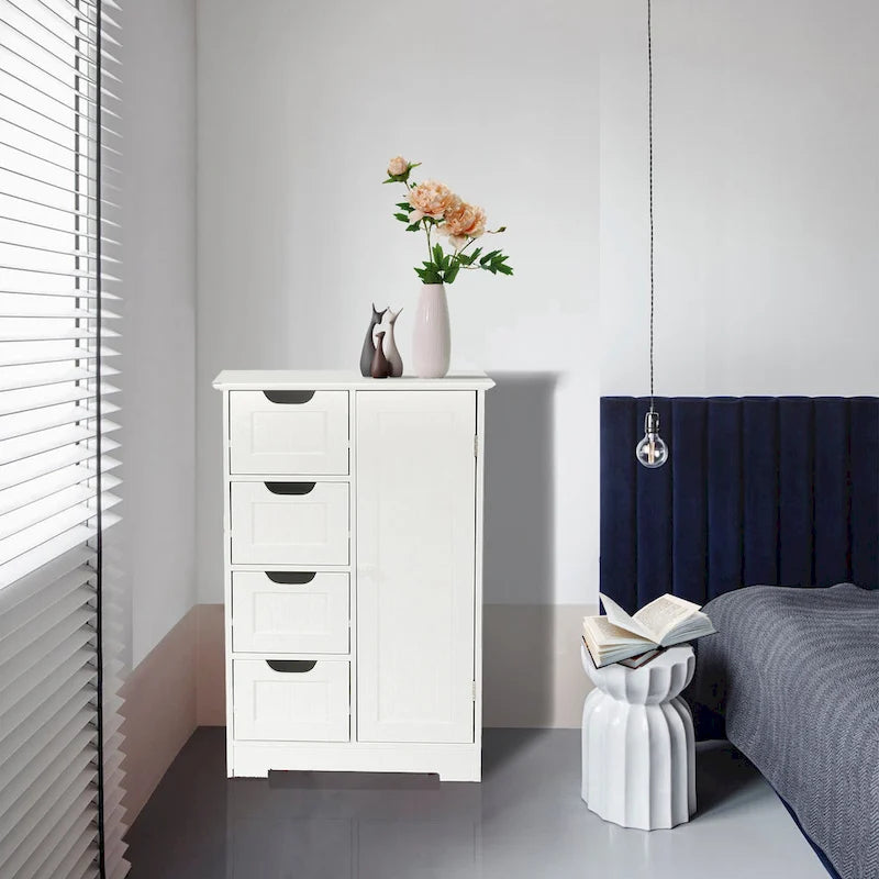 Meuble de rangement de salle de bain en bois blanc à 4 tiroirs et 1 porte - 83 cm H x 56 cm L x 30 cm P