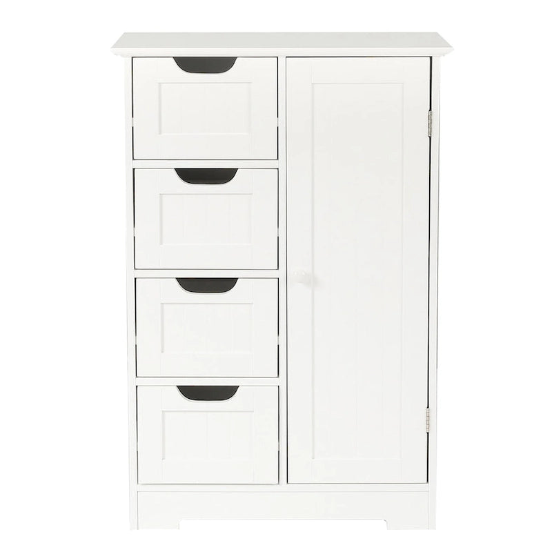 Meuble de rangement de salle de bain en bois blanc à 4 tiroirs et 1 porte - 83 cm H x 56 cm L x 30 cm P