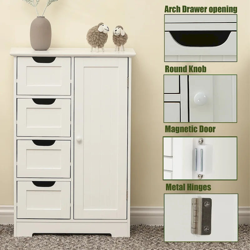 Meuble de rangement de salle de bain en bois blanc à 4 tiroirs et 1 porte - 83 cm H x 56 cm L x 30 cm P