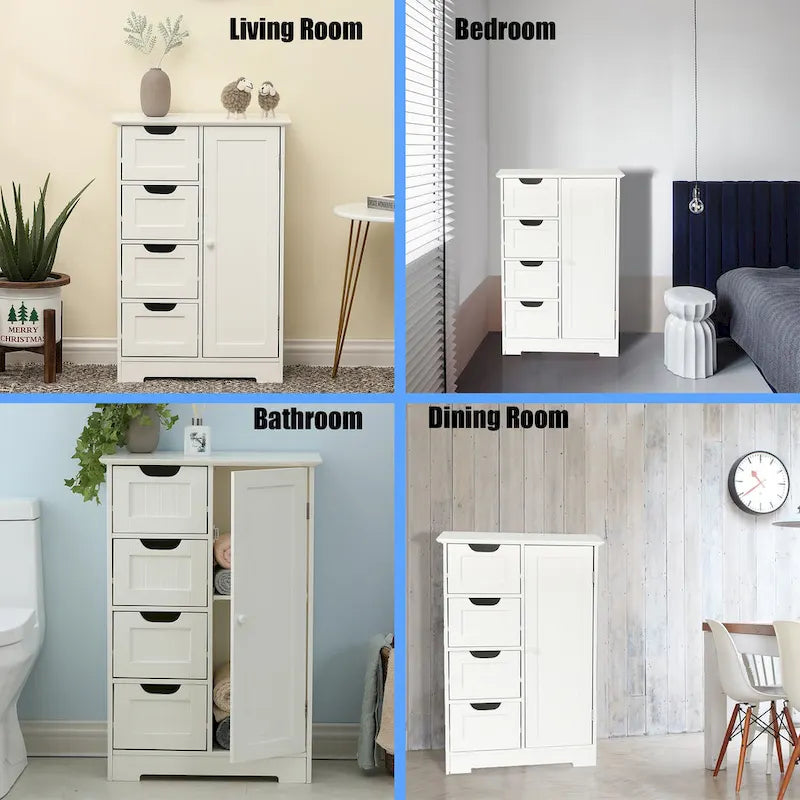 Meuble de rangement de salle de bain en bois blanc à 4 tiroirs et 1 porte - 83 cm H x 56 cm L x 30 cm P