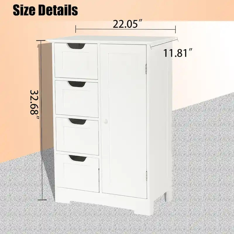 Meuble de rangement de salle de bain en bois blanc à 4 tiroirs et 1 porte - 83 cm H x 56 cm L x 30 cm P