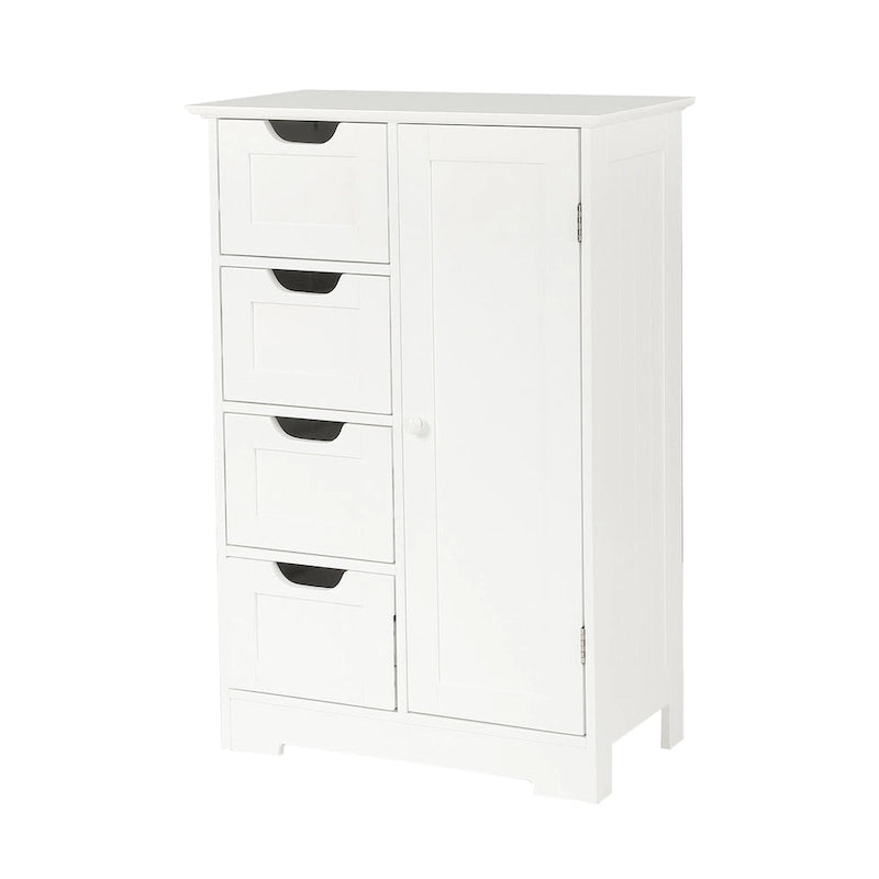 Meuble de rangement de salle de bain en bois blanc à 4 tiroirs et 1 porte - 83 cm H x 56 cm L x 30 cm P