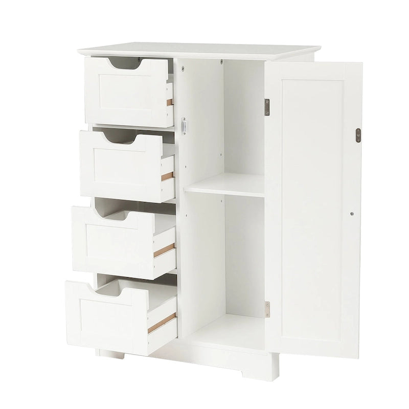 Meuble de rangement de salle de bain en bois blanc à 4 tiroirs et 1 porte - 83 cm H x 56 cm L x 30 cm P