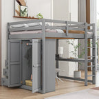 Lit mezzanine double en bois avec armoire intégrée, bureau, étagères de rangement et tiroirs, gris