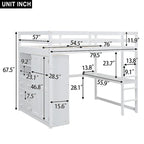 Lit mezzanine double en bois avec armoire intégrée, bureau, étagères de rangement et tiroirs, gris