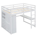 Lit mezzanine double en bois avec armoire intégrée, bureau, étagères de rangement et tiroirs, gris