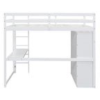 Lit mezzanine double en bois avec armoire intégrée, bureau, étagères de rangement et tiroirs, gris