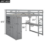 Lit mezzanine double en bois avec armoire intégrée, bureau, étagères de rangement et tiroirs, gris