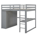 Lit mezzanine double en bois avec armoire intégrée, bureau, étagères de rangement et tiroirs, gris