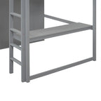 Lit mezzanine double en bois avec armoire intégrée, bureau, étagères de rangement et tiroirs, gris