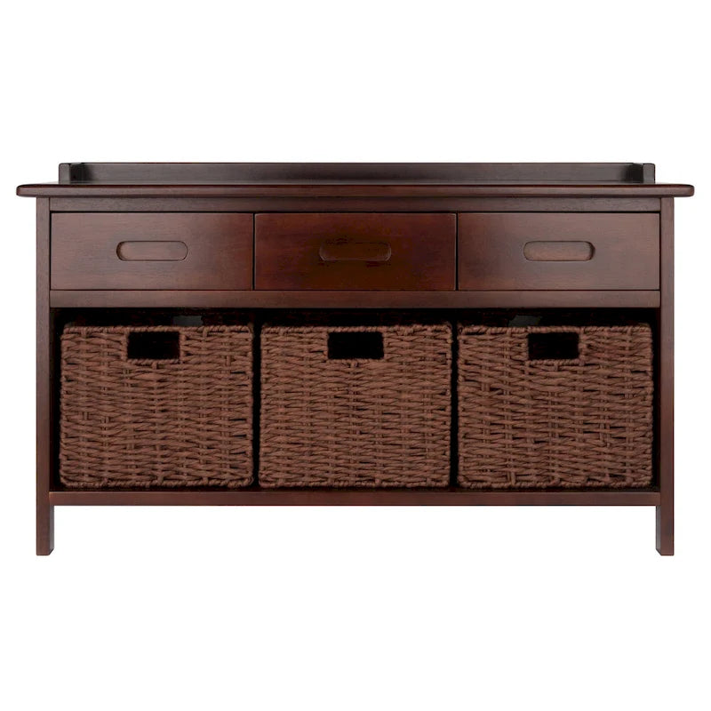 Banc de rangement Adriana 4 pièces avec 3 paniers tressés pliables, Noyer