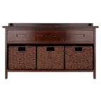 Banc de rangement Adriana 4 pièces avec 3 paniers tressés pliables, Noyer