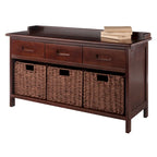 Banc de rangement Adriana 4 pièces avec 3 paniers tressés pliables, Noyer