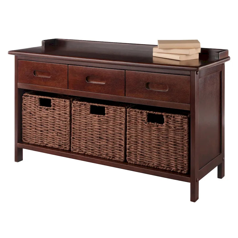 Banc de rangement Adriana 4 pièces avec 3 paniers tressés pliables, Noyer